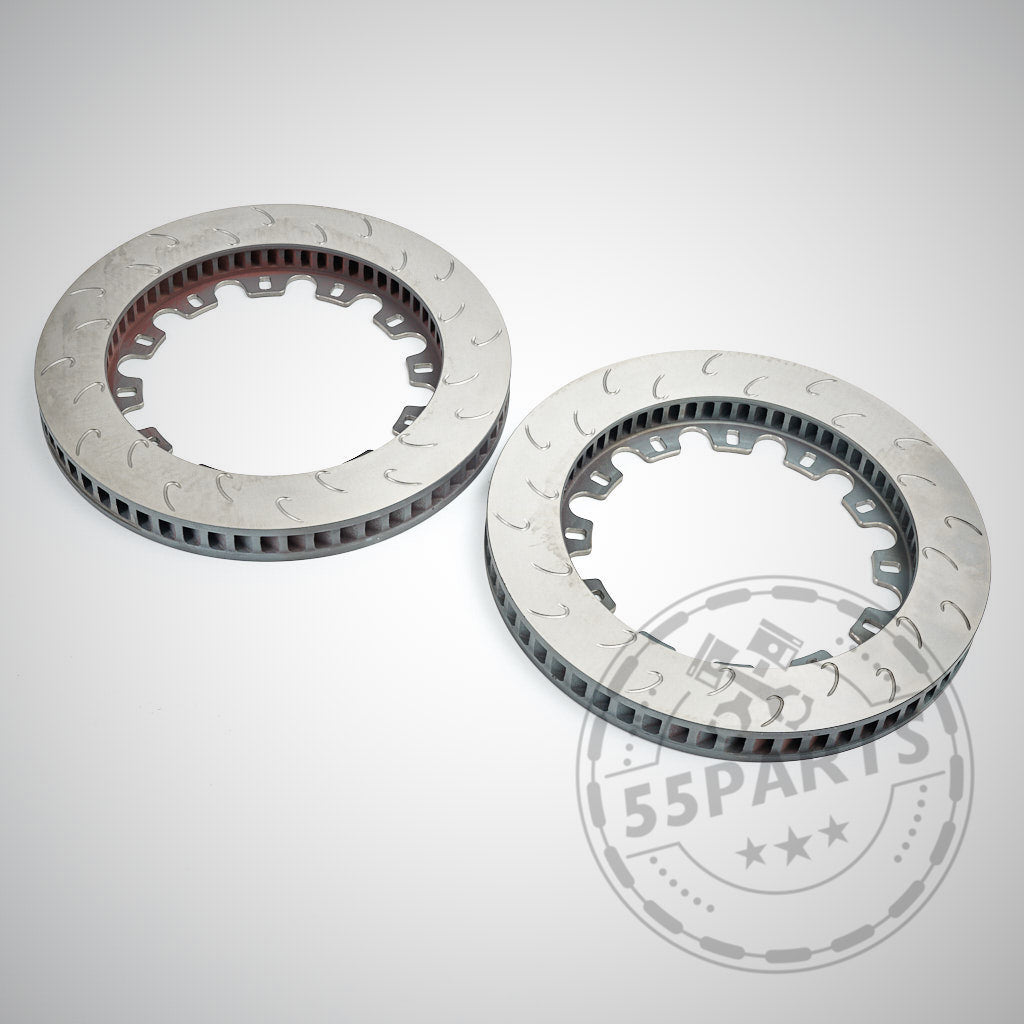 Ein Paar 55Parts Special Aftermarket Reibringe (J-Hook, ähnlich CP5772-2068/2069) schwimmen in der Scheibe, dargestellt auf einer schlichten weißen Fläche - ideal für AP Racing Bremsanlagen auf der Rennstrecke.