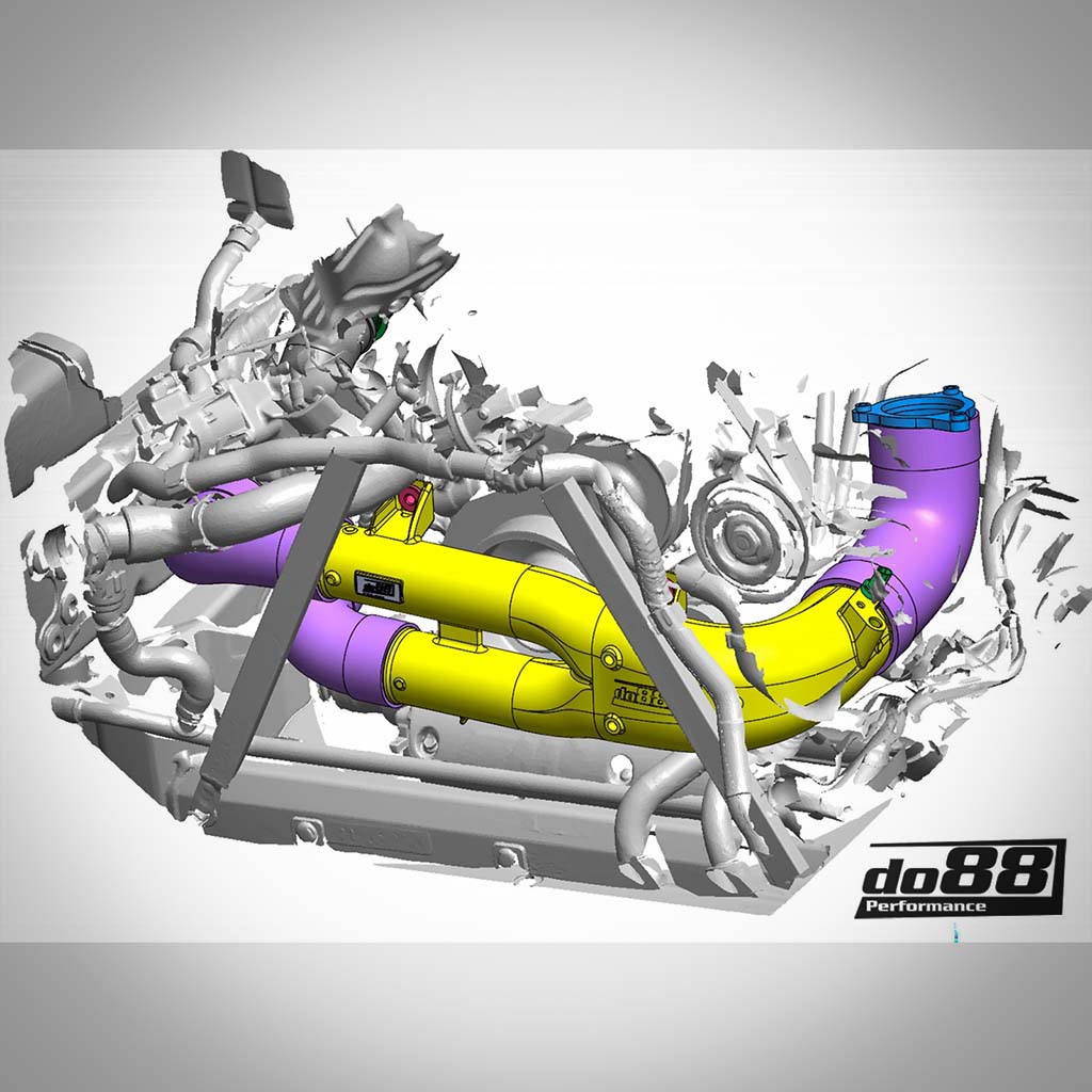 3D-Modell eines Automotors mit lila und gelben Ansaugrohren, mit dem do88 Aluminium-Laderohr für BMW G87 M2, G80/81 M3, G82/83 M4, F97 X3M, F98 X4M S58 und do88 Schriftzug in der Ecke.