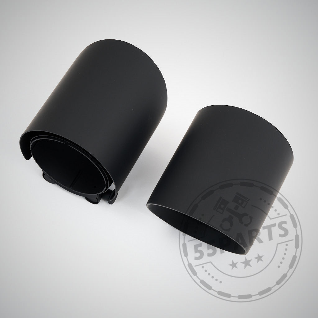 Zwei schwarze zylindrische Kunststoff-Autoteile & MH-PIPES für die 3,5-Zoll-ECE-Klappenauspuffanlage, kompatibel mit allen B58-BMW-Modellen (NICHT OPF und OPF), einschließlich Toyota Supra, abgebildet auf einem hellgrauen Hintergrund mit einem schwachen Logo-Wasserzeichen.