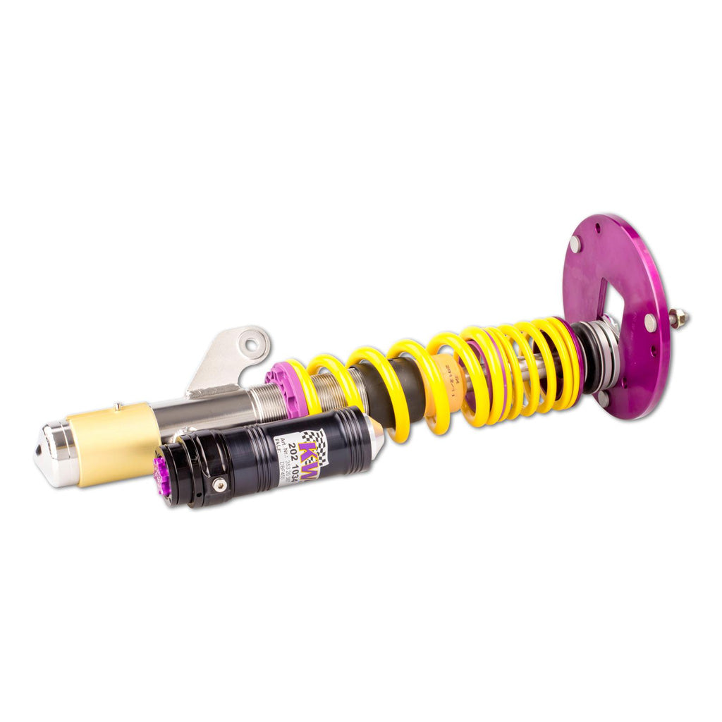 Ein KW Gewindefahrwerk V3 Clubsport mit gelben, lila und goldenen Komponenten für BMW 1er F20/F21, 2er F22, 3er F30 und 4er F32 Fahrwerk Tieferlegung, isoliert auf weißem Hintergrund.