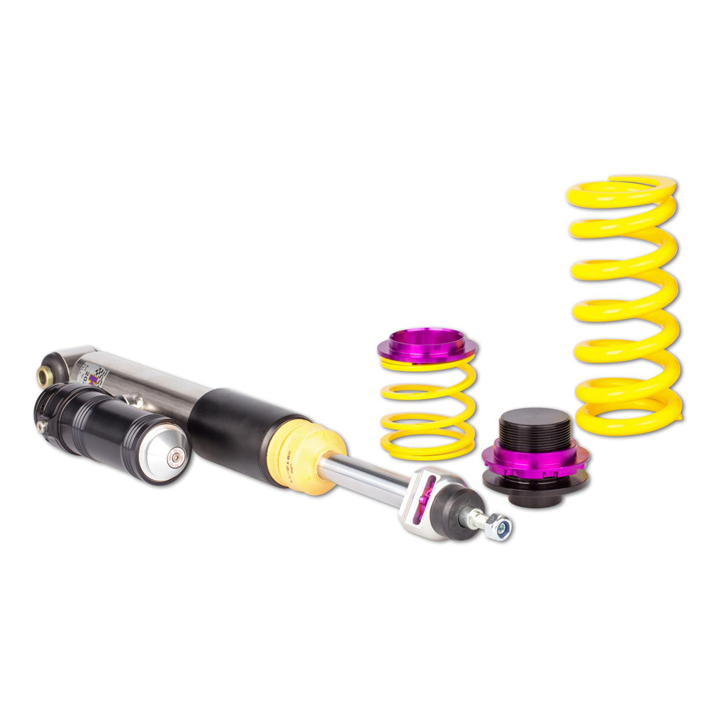Das 55Parts KW Gewindefahrwerk V3 Clubsport inkl.. Stützlager ist ein Gewindefahrwerk-Kit für BMW 1er F20/F21, 2er F22, 3er F30 und 4er F32 mit gelben Federn und violetten Lagern für optimales Fahrverhalten und Tieferlegung.