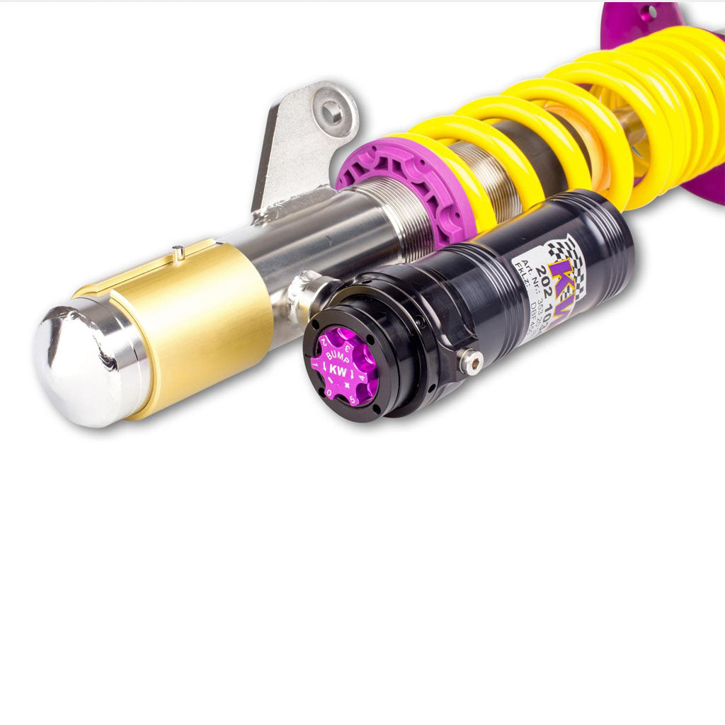 Das KW Gewindefahrwerk V3 Clubsport incl. Stützlager für BMW 1er F20/F21, 2er F22, 3er F30 und 4er F32 verfügt über gelbe Federn, ein Metallgehäuse und schwarz/violette Einstellknöpfe für optimierte Fahrdynamik und Tieferlegung.
