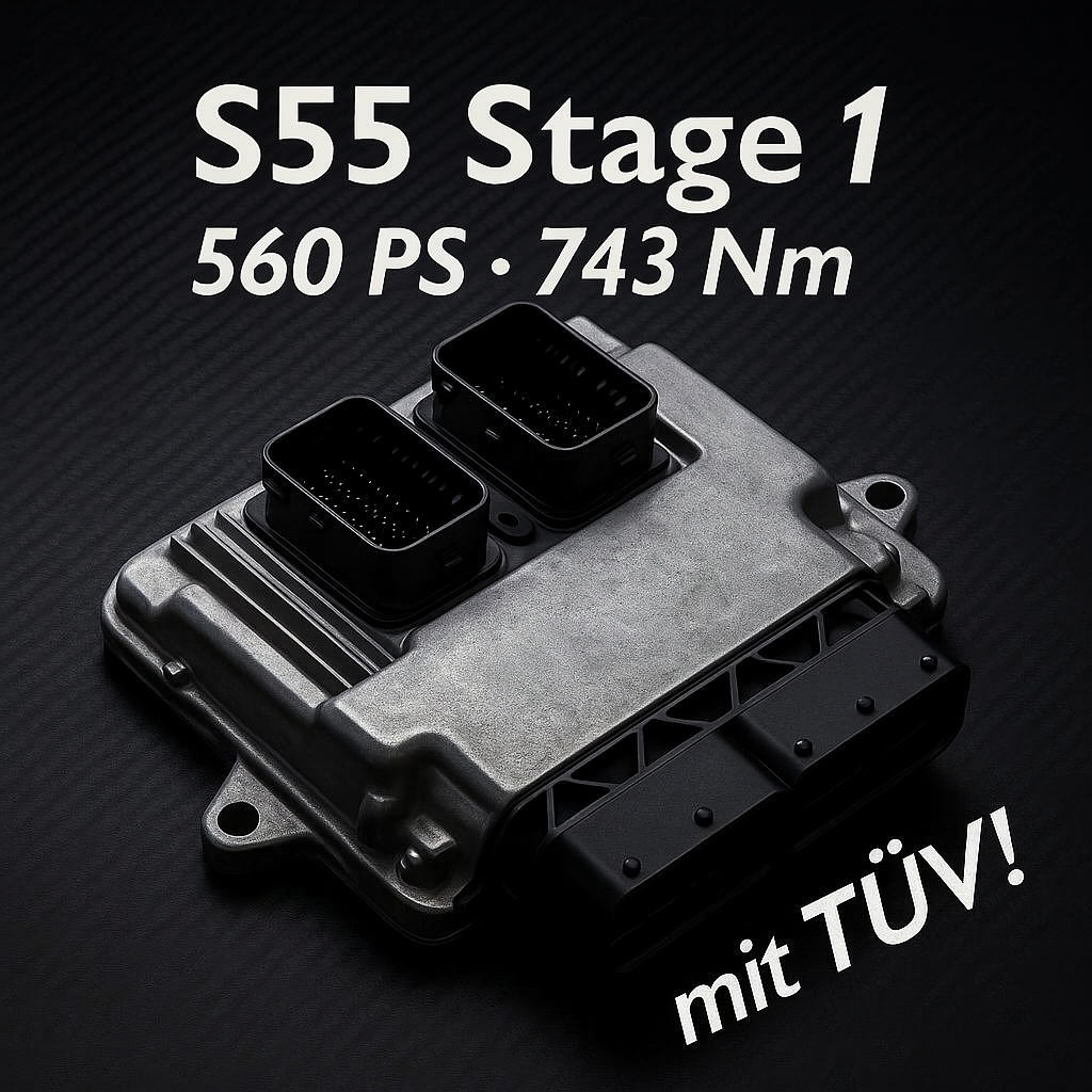 55Parts Legales Tuning Stage 1 für S55: 560 PS / 743 Nm, TÜV-konform mit Teilgutachten, MHD Map für BMW F87 M2 Competition, F80 M3, F82/F83 M4-auf dunklem Hintergrund.
