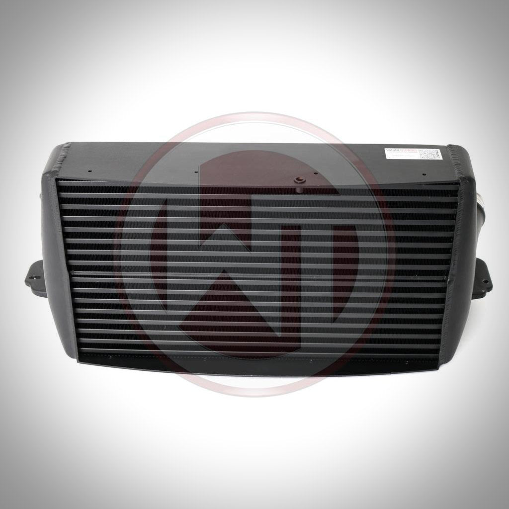 Der Wagner Tuning Evo 3 Ladeluftkühler passend für BMW 135i, 1er M Coupé und 335i(x) N54/N55 E-Serie wird in Schwarz mit horizontalen Lamellen auf weißem Hintergrund angezeigt.