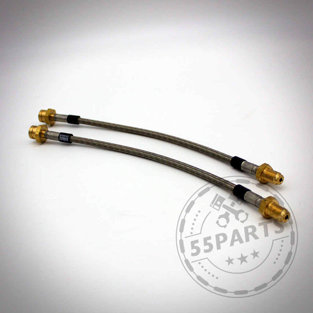 Zwei Fischer Stahlflex Bremsleitungen mit ABE, passend für BMW E-Serie E3x, E4x, E6x, E8x und E9x, mit Messinganschlüssen an beiden Enden auf weißem Hintergrund.