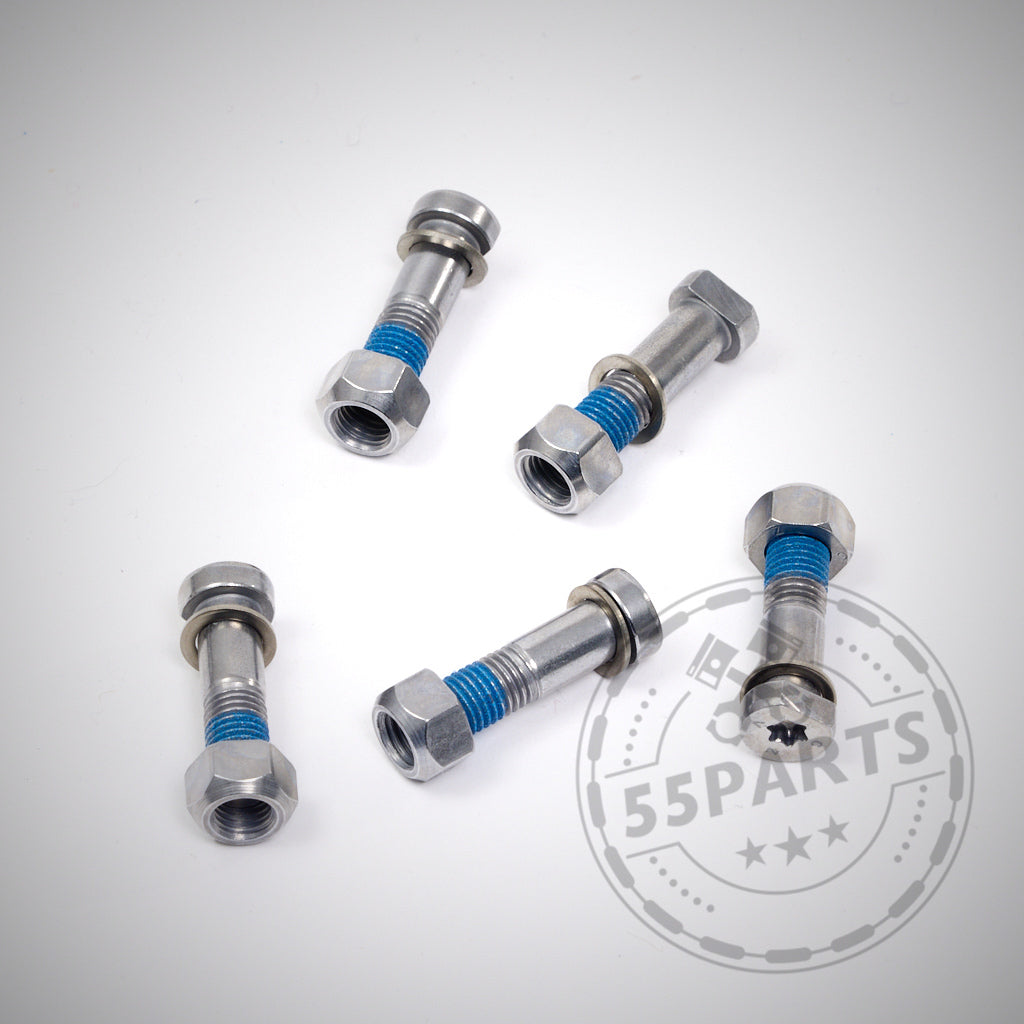 Fünf Metallschrauben mit Unterlegscheiben und blauem Schraubensicherungsmittel, angeordnet auf einer weißen Fläche – dieser spezielle Schraubensatz/Spulensatz passt für Aftermarket-Reibringe-Installationen.