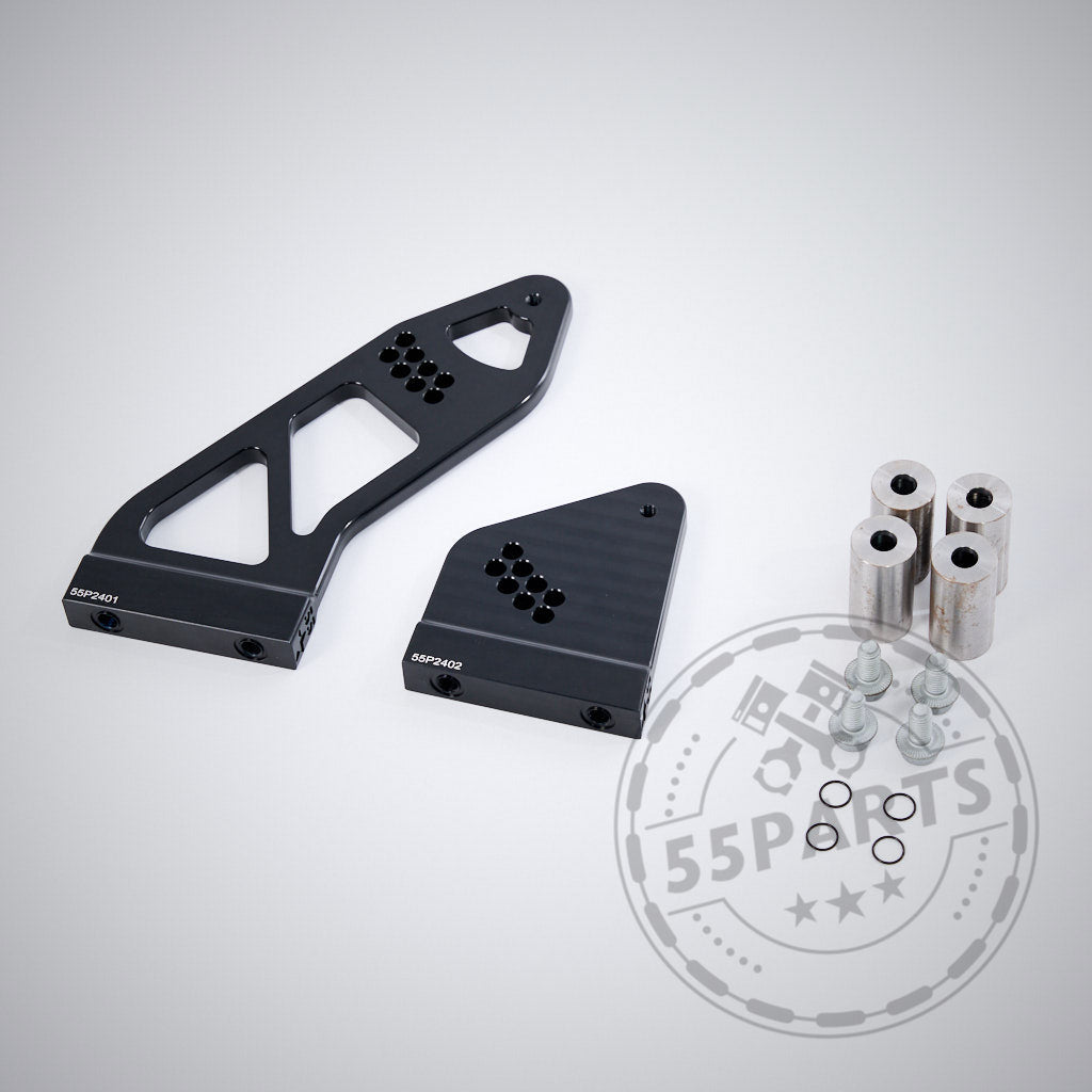 Schwarzer Metallhaltersatz (CNC gefräste Haltefüße für Spoiler, 55Parts) mit Schrauben, Abstandshaltern und Unterlegscheiben auf hellem Grund. Hergestellt aus 6063 Aluminium, mattschwarz eloxiert.