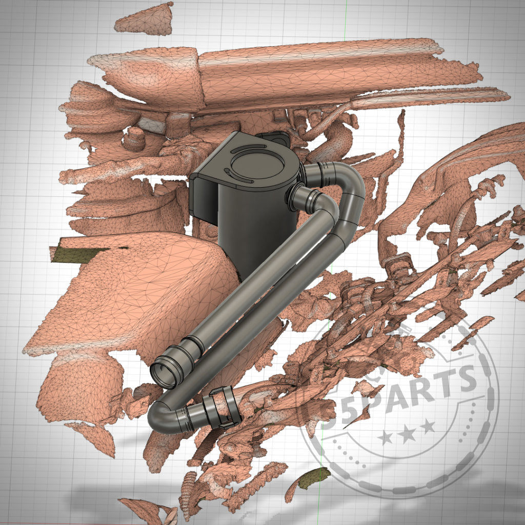 Das 3D-Modell des exklusiven Ölauffangbehältersystems für die B58 F-Serie (M140i, M240i, 340i, 440i) &amp; Bannik Engineering verfügt über fragmentierte Netzformen und ein „5 STARS“-Wasserzeichen auf einem Gitterhintergrund.