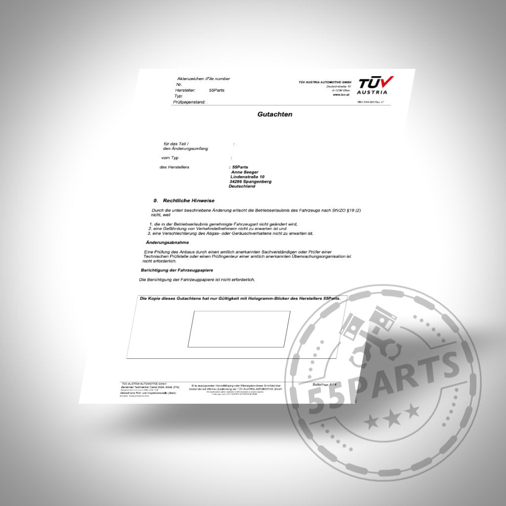 Ein schräger, offiziell aussehender Brief mit dem TÜV AUSTRIA-Logo und dem Gutachten-Wasserzeichen im Vordergrund, der auf das 55Parts-Special verweist: Gutachten + Etikett für Aluminium-Laderohr, passend für BMW 135i, 335i(x) N55 E-Serie.