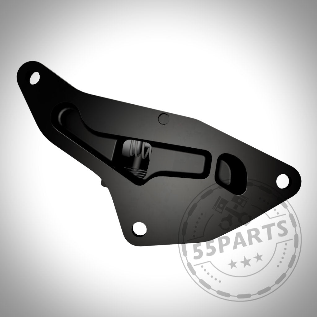 Der Improved Racing Ölthermostat passend für BMW N52/N53/N54/N55/S55 von Improved Racing ist ein schwarzes Autoteil aus Metall mit drei Löchern und einer Feder, abgebildet auf weißem Hintergrund mit verblasstem Logo, entwickelt für optimale Leistung auf der BMW-Rennstrecke.