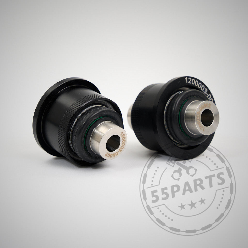 Zwei schwarze und silberne NoFlex Lager Uniball Lager für BMW 2er, 3er, 4er (G2x, G4x) inkl. xDrive Modelle alle Motoren von 55Parts abgebildet auf weißem Hintergrund mit 55PARTS Wasserzeichen.