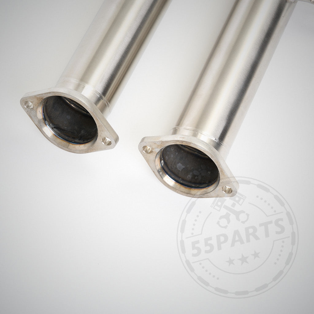 Zwei OPF-Ersatzrohre (OPF-Entfernung) aus Edelstahl &amp; MH Pipes passend für BMW G8x M2, M3 Competition, Touring und M4 Competition mit S58-Motor, abgebildet mit Flanschenden auf weißem Hintergrund.