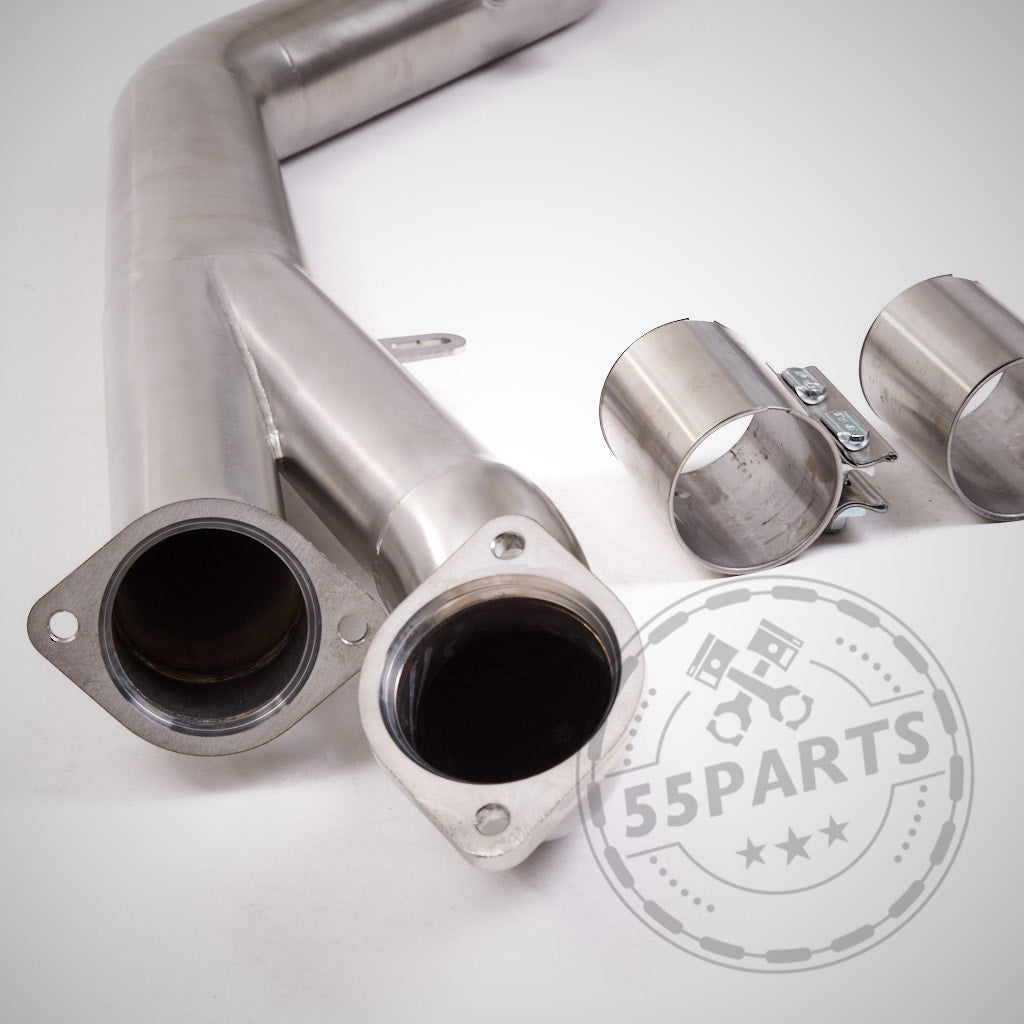 OPF-ERSATZROHR (OPF Delete) Einzelnes 3,5-Zoll-Mittelrohr passend für BMW G8x G81/G82/G83/G87 M2/M3 Touring/Competition, M4 Competition mit S58-Motor &amp; MH Pipes mit Flanschen und Kupplungen abgebildet; leistungsoptimiert und OPF-kompatibel. Logo sichtbar.