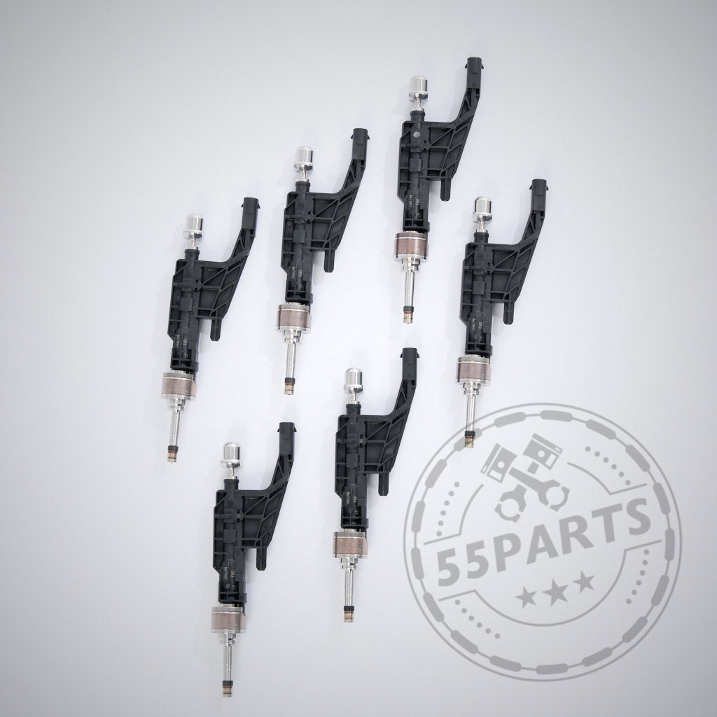 Sechs schwarz-silberne S58 Injektoren für B58 Gen 2 - 30% Upgrade, angeordnet auf weißem Hintergrund, passend für G-Serie 40i und Toyota Supra Modelle.