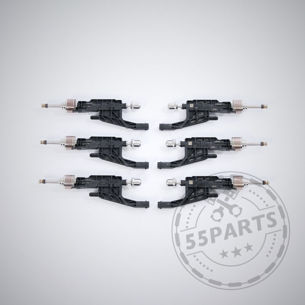 Sechs identische S58 Injektoren für B58 Gen 2 - 30% Upgrade, für G-Serie 40i und Toyota Supra, sind in zwei Spalten auf hellgrauem Hintergrund angeordnet.