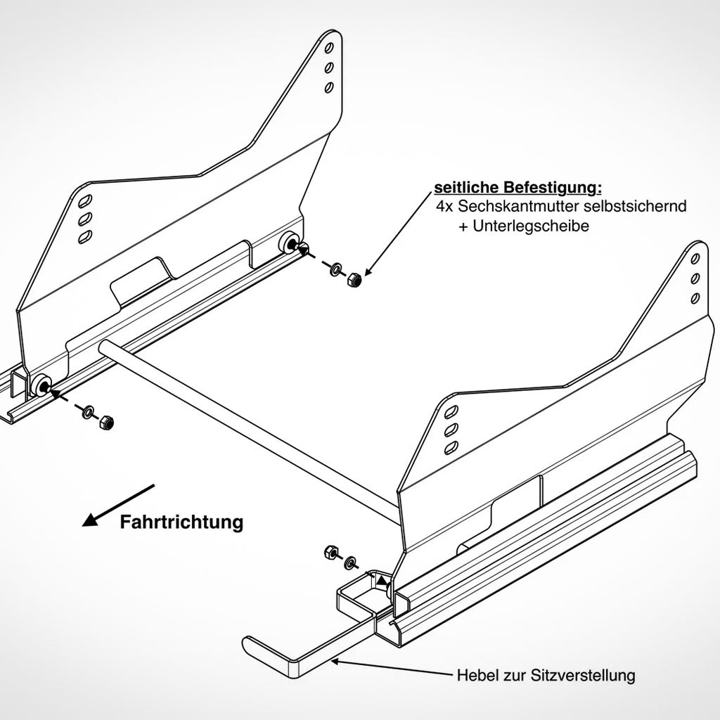 Schema der Sitzbefestigung für Teutscher Recaro, Sparco, OMP Sitzkonsolen passend für BMW E46, E85, E86 Z4 inkl. Materialnachweis. Materialnachweis mit beschriftetem Sitzverstellhebel und Fahrtrichtung.