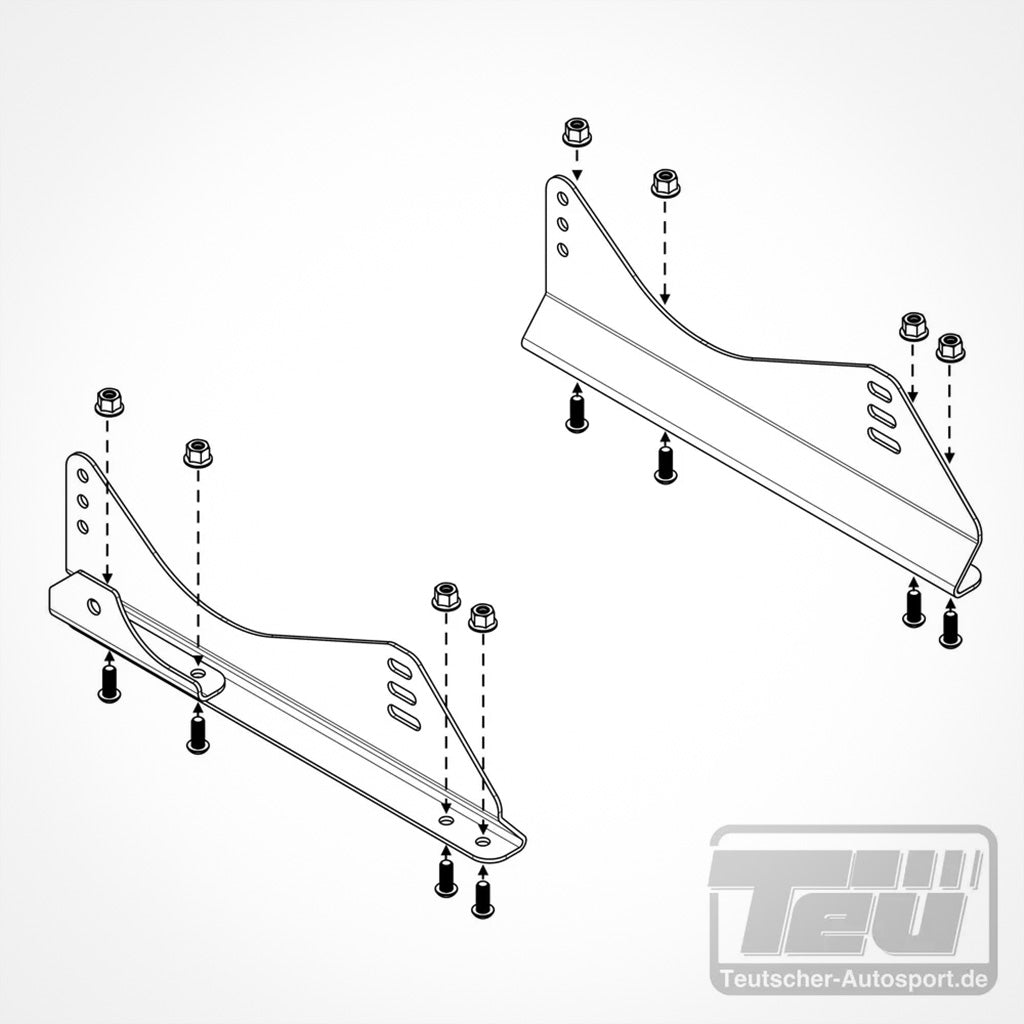 Strichzeichnung von zwei Metallbügeln mit Befestigungspunkten, Schrauben und Muttern, beschriftet mit Teutscher Sitzkonsolen für Recaro/Sparco/OMP Sitze in Ford Fiesta MK.7, inklusive Materialzertifikat.