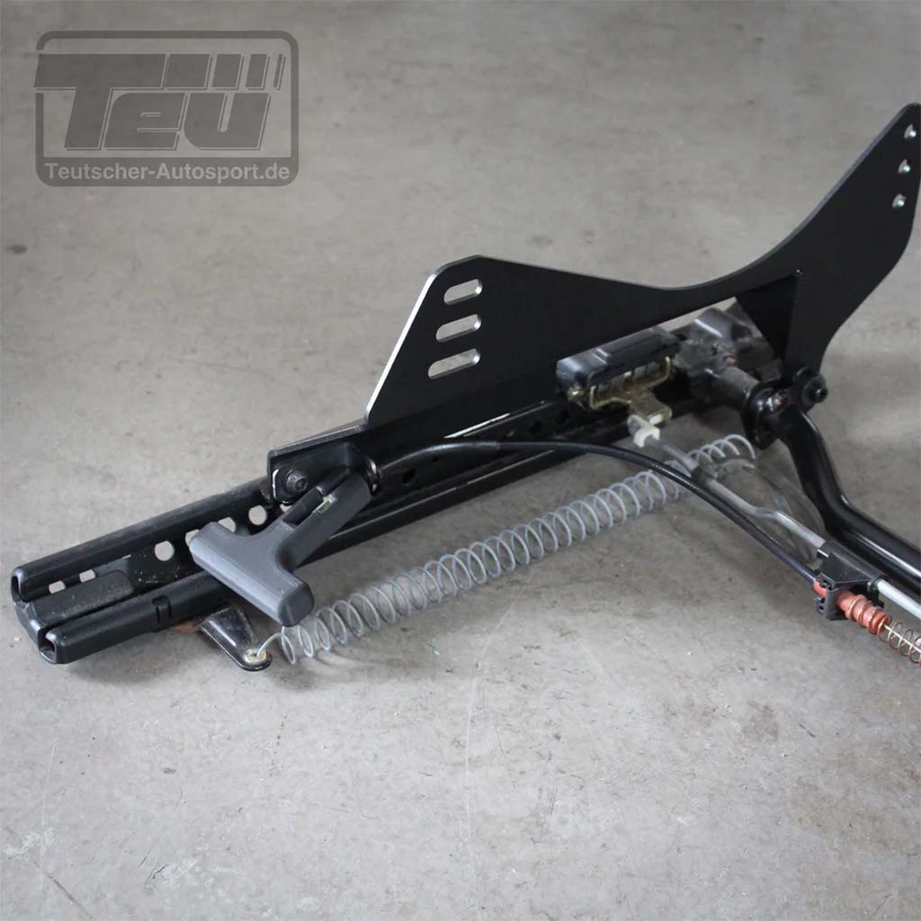 Schwarzer Metall Teutscher Recaro, Sparco Sitzgleiter mit Verstellgriff und Spiralfeder, kompatibel mit BMW E39 Sitzkonsole. Inklusive Materialzertifikat.