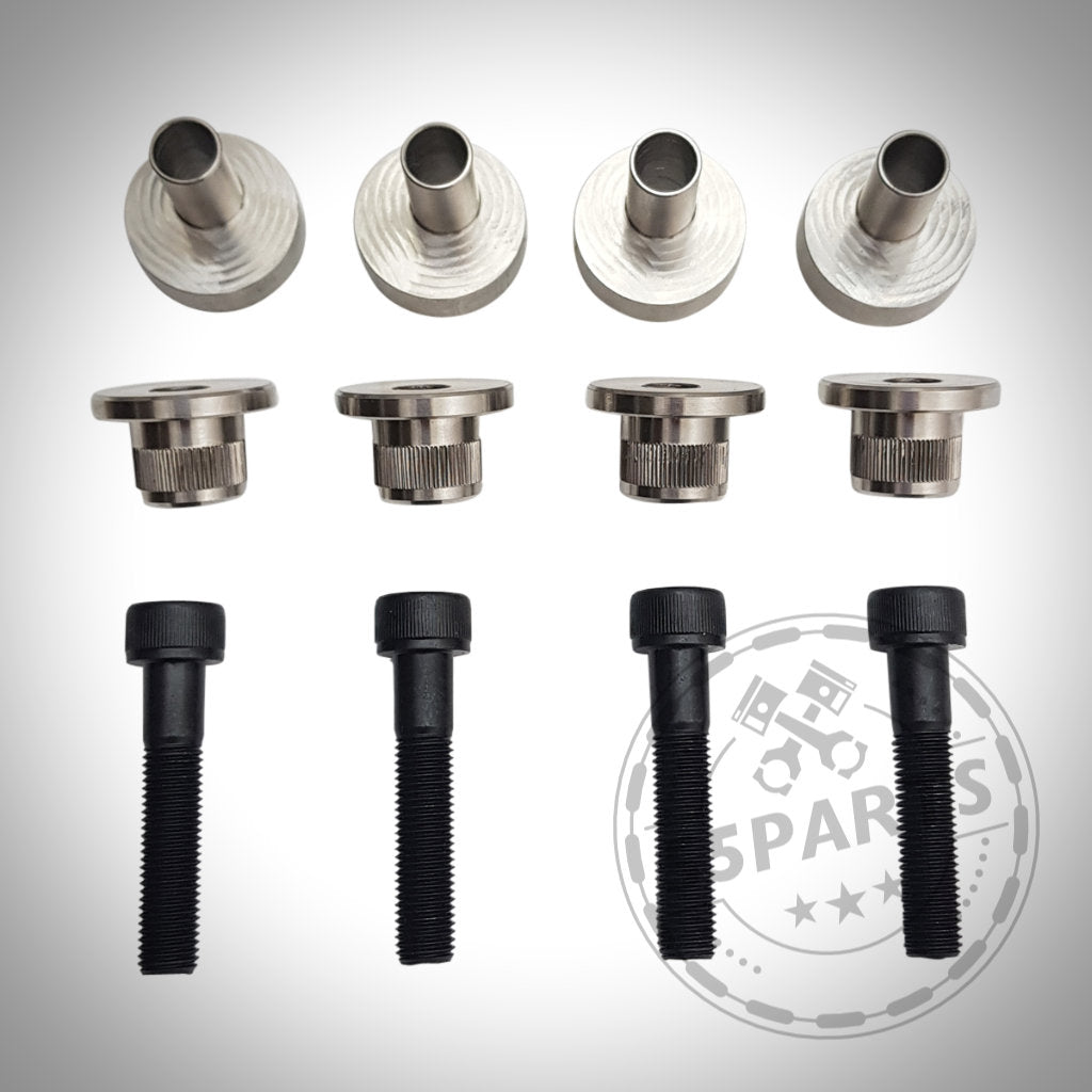 Vier Metallschäfte, gerillte Manschetten und schwarze Schrauben von Epytec auf weißem Hintergrund, kompatibel mit Bremssatteladapter für F30 F31 Umbau M2 M3 Bremsscheibe 380x30 4-Kolben passend für BMW 3er E92/E93/E91.