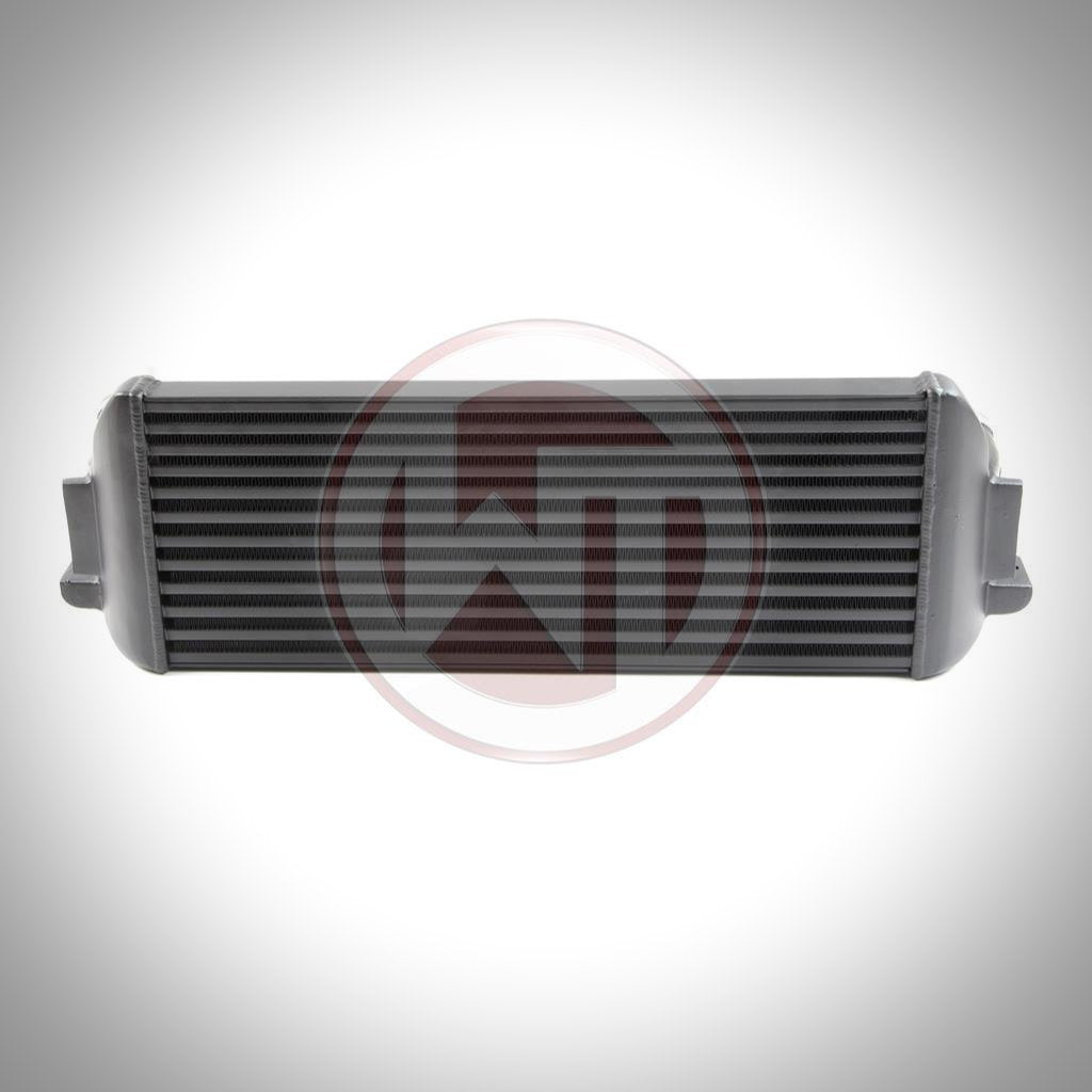 Der Wagner Tuning Evo 1 Competition Ladeluftkühler passend für BMW F2x, F3x verfügt über schwarze Lamellen und Metallendkästen, dargestellt auf weißem Hintergrund.