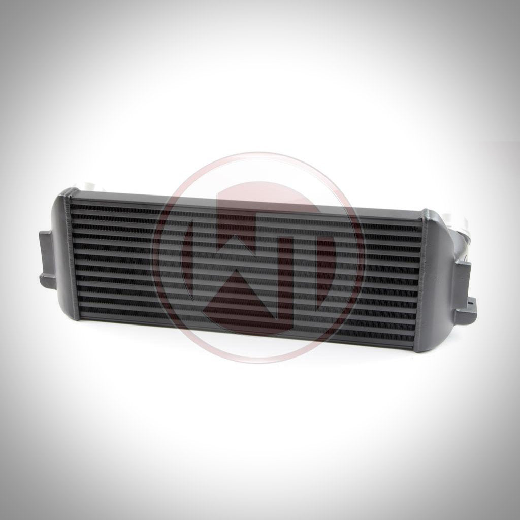 Der Wagner Tuning Evo 1 Competition Ladeluftkühler passend für BMW F2x/F3x, in rechteckigem Schwarz mit Endtanks, ist ideal für FBO-Setups und auf weißem Hintergrund abgebildet.