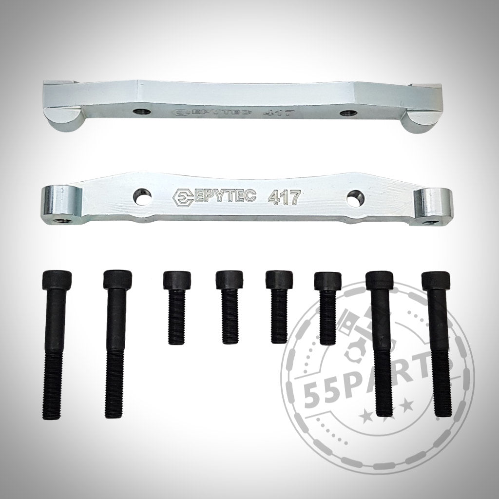 Zwei silberne Epytec Bremssatteladapterhalterungen und acht schwarze Schrauben auf weißem Hintergrund, passend für 6-Kolben-Bremssattel-Setups an BMW E9x M3 oder M5 F10 mit 400x36mm-Scheiben.