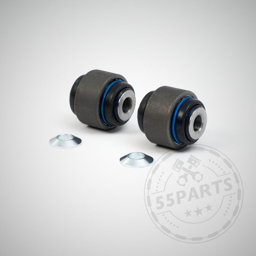 Zwei zylindrische Buchsen mit blauen Ringen und zwei kleinen Metallscheiben – NoFlex Bearings: Kugelgelenkset für Quer/Sturzlenker und Führungslenker passend für BMW 1er E8x, 3er E9x, ideal für Achslagerungs-Modifikationen.