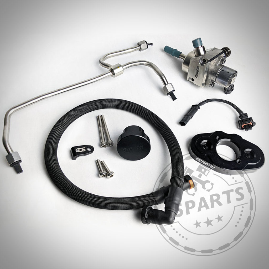 Dorch Engineering Dorch HPFP Upgrade DS25/DS3 (Stufe 2.5/3) für BMW M140i, M240i, 340i, 440i, 540i, 640i, 740i, X3-X6 M40i, Z4 G29 &amp; A90/A91 Supra B58 inkl. Schläuche, Beschläge &amp; Montagematerial auf weißem Hintergrund.
