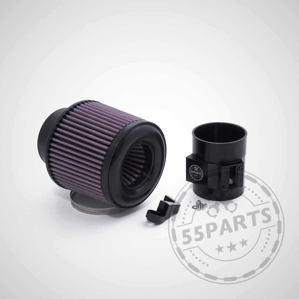 Die 55Parts Special offene Ansaugung verfügt über einen violetten Filter und ein schwarzes Rohr, entworfen für die BMW M140i, M240i, 340i, 440i, 540i F- &amp; G-Serie und Toyota Supra MK5 B58, abgebildet auf einem schlichten weißen Hintergrund.