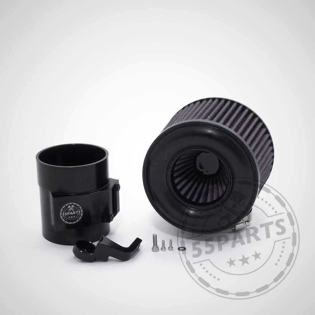 55Parts Special Offene Ansaugung Luftfilter-Kit passend für BMW M140I, M240I, 340I, 440I, 540i F- und G-Serie &amp; Toyota Supra MK5 B58 mit Teilegutachten. Inklusive Klemme, Schrauben &amp; schwarzem Ansaugrohr. Abbildung auf Weiß.