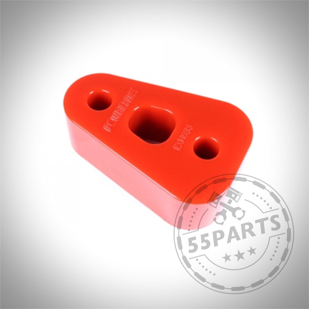 Powerflex PU Auspufflager Endschalldämpfer vorne, passend für BMW M3 E9x und Z4 E85/E86, in Rot und dreieckiger Form mit drei Löchern; Geeignet für Abgasanlage-Systeme, abgebildet vor weißem Hintergrund.