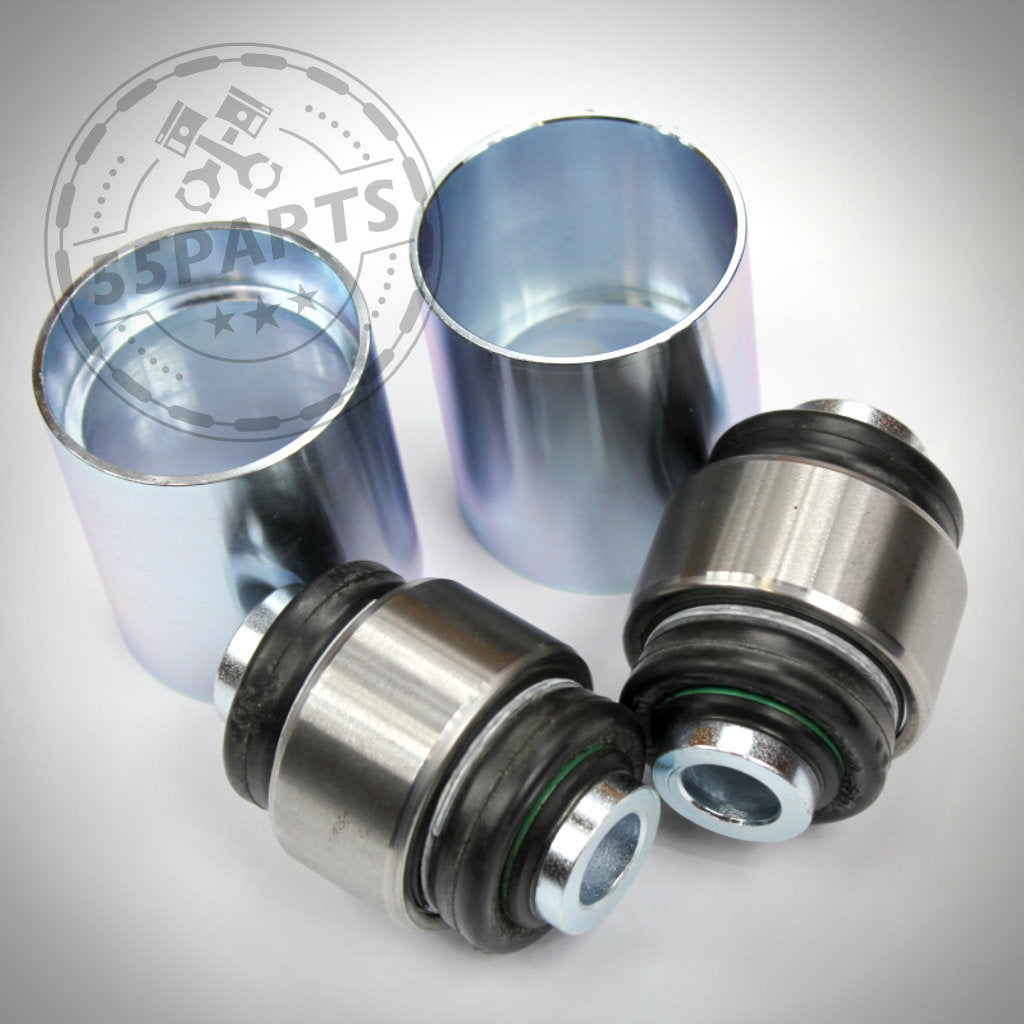 Zwei NoFlex-Lager (Uniballlager-Set Sturzlenker Hinterachse), abgebildet auf weißem Hintergrund, passend für BMW 1er E8x, 3er E9x, M2 F87, M3/4 F8x und M2/3/4 G8x. Wasserzeichen „55Parts“ sichtbar.
