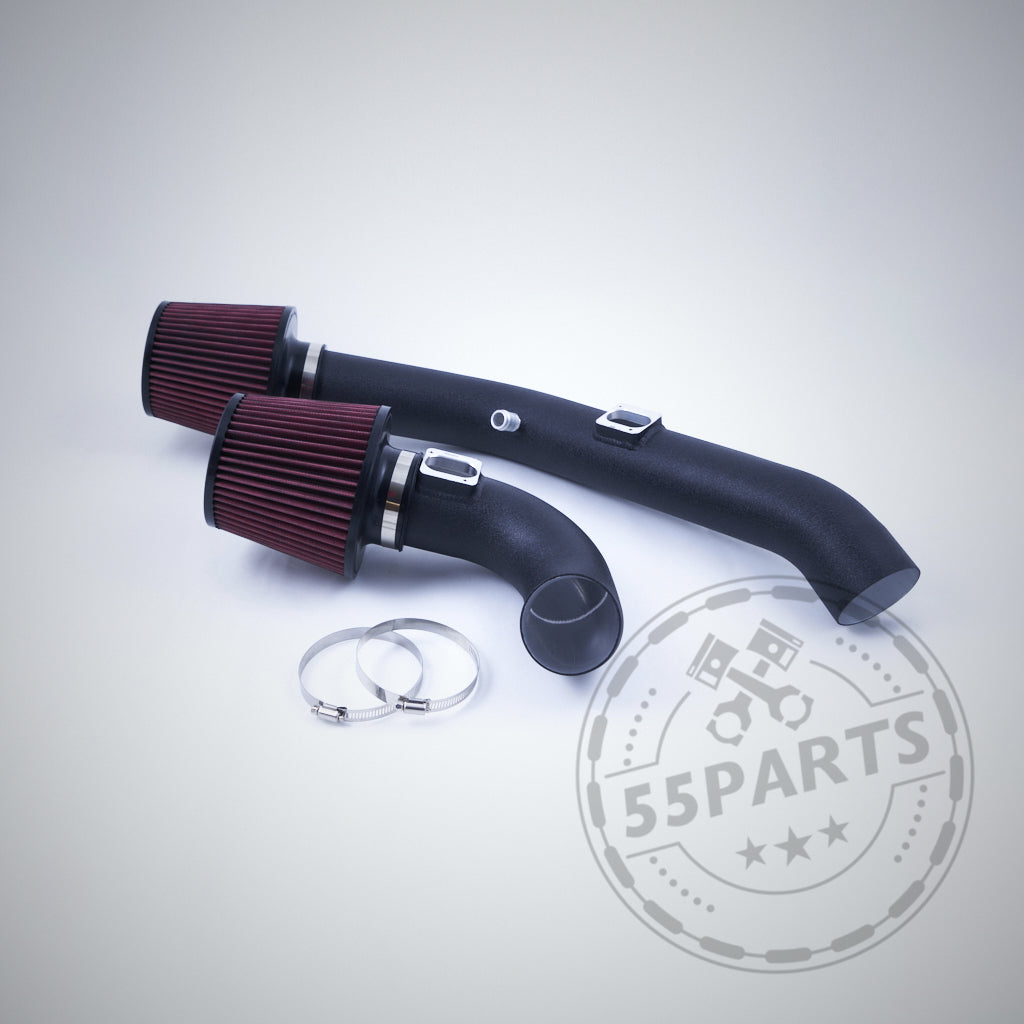 Zwei schwarze Offene Ansaugung Dual Cone Intakes von 55Parts, für BMW M2 Competition, M3, und M4 S55-inkl. Teilegutachten-ideal für Performance Tuning mit roten Filtern und Metallschellen.