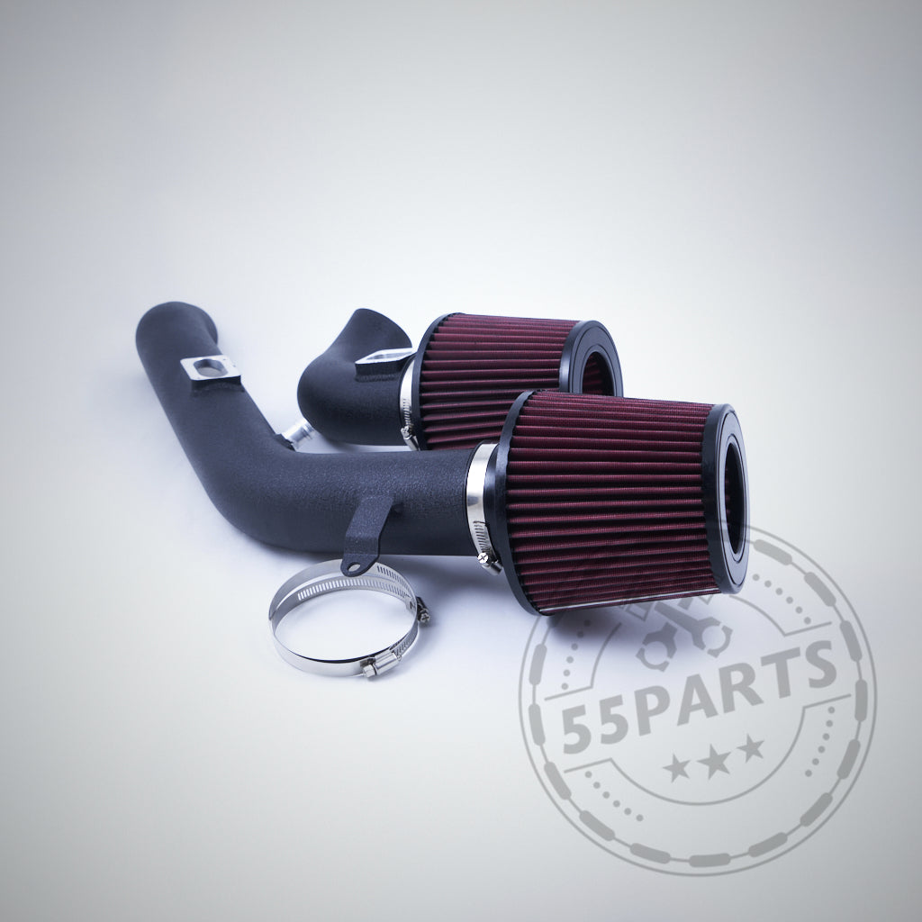 Die 55Parts Offene Ansaugung Dual Cone Intake mit TEILEGUTACHTEN passt für BMW M2 Competition, M3 und M4 S55 - mit zwei roten Filtern und einem schwarzen Rohr, perfekt für Tuning.