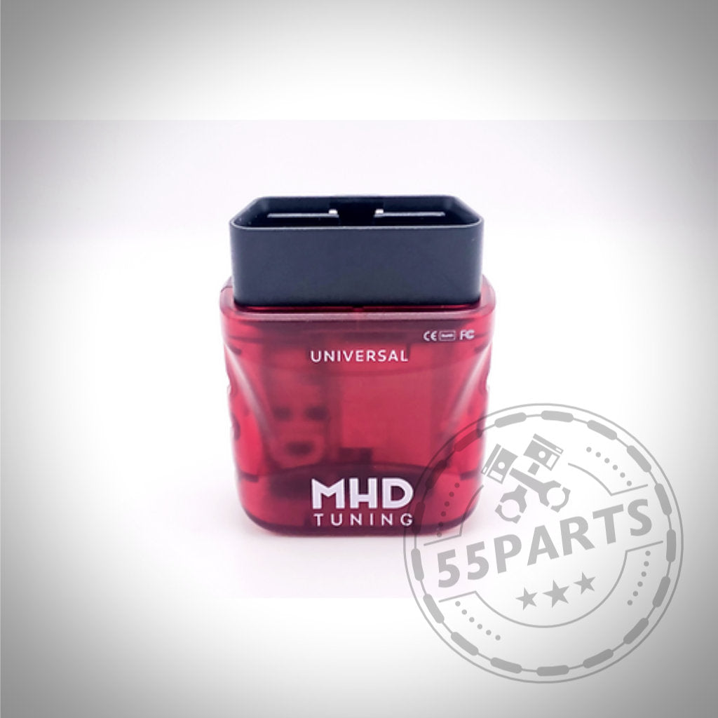 Abgebildet ist ein roter MHD Universal WiFi Adapter – OBDII Wireless von MHD Tuning mit einem 55Parts-Logo-Wasserzeichen auf weißem Hintergrund, ideal für die Diagnose und das Tuning des BMW Supra MK5.