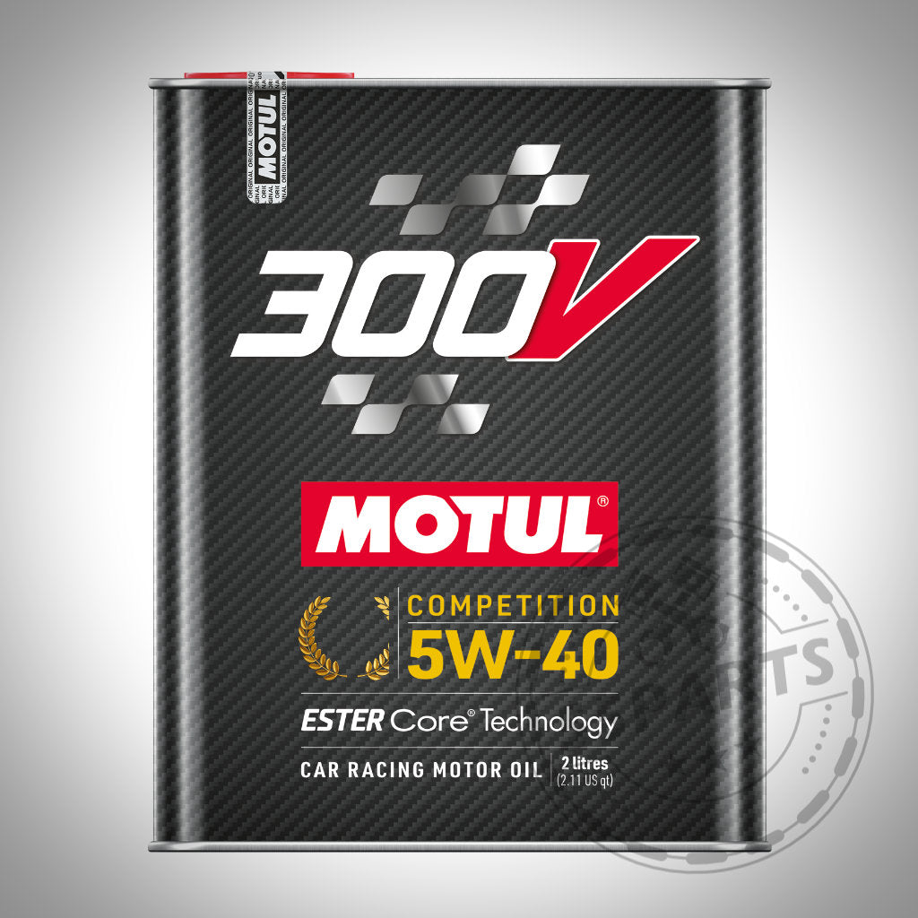Vorderseite einer 2-Liter-Dose Motul 300V 5W40 Motoröl mit Carbonfasermuster von Motul.