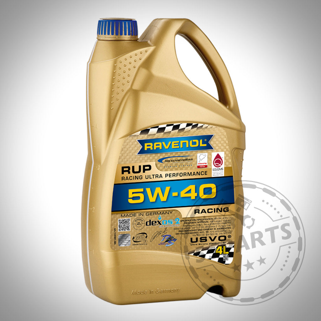 Ein goldenes 4L Ölwechsel-Set, passend für BMW N55, N54, B58 und S55 (E-, F- &amp; G-Serie), ideal für den Ölwechsel bei Reihensechszylinder-Motoren. Mit blau-schwarzen Akzenten für Racing Ultra Performance.