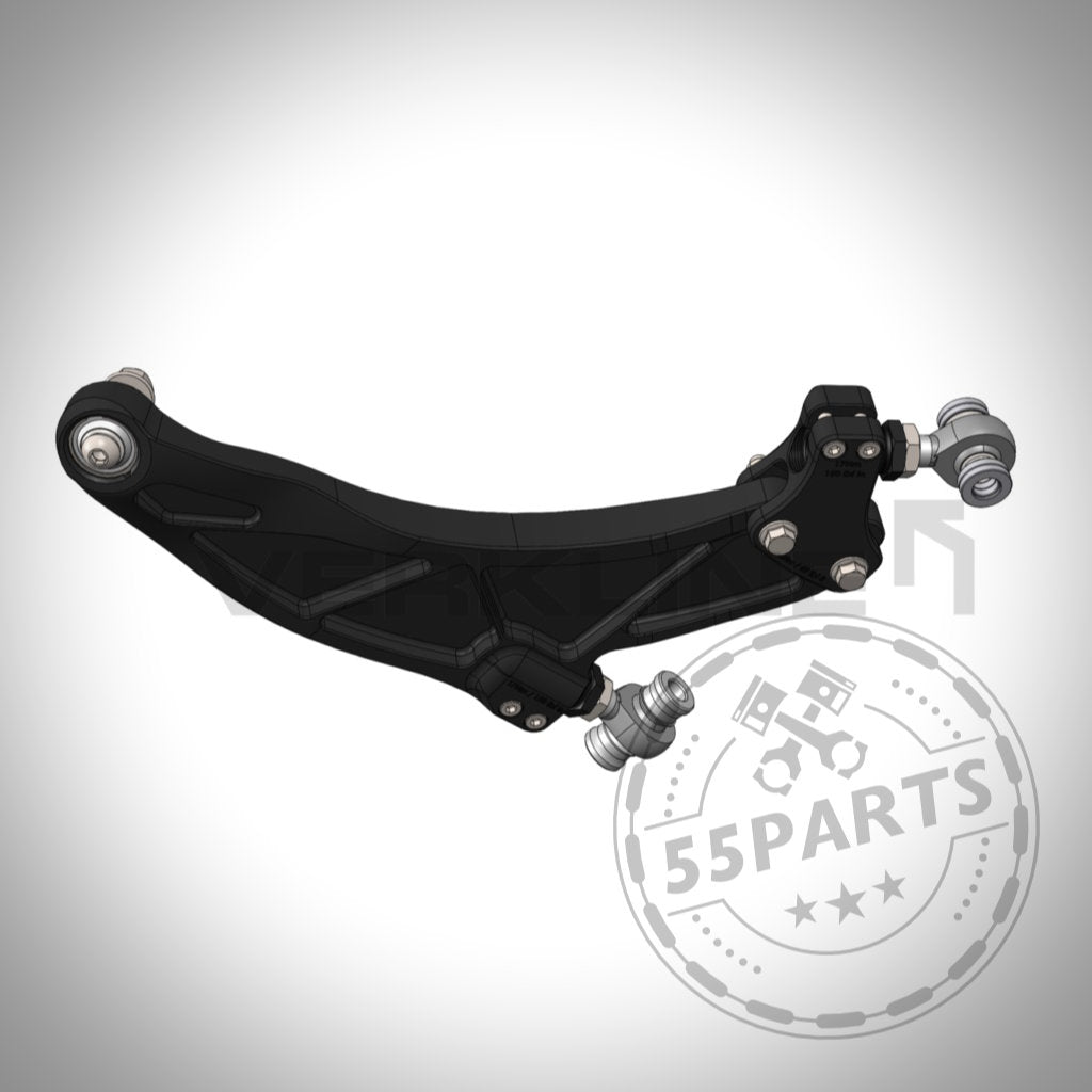 3D-gerendertes VERKLINE Unterer Dreieckslenker vorne, verstellbar mit Uniballgelenken für Toyota Yaris GR, auf hellem Hintergrund mit 55Parts Logo – perfekt für Yaris GR Enthusiasten und Tuning-Upgrades.