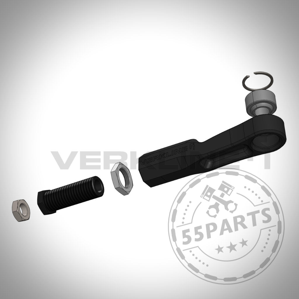 3D-Rendering von VERKLINE verstellbaren Spurstangenköpfen mit Uniball Gelenk für Toyota Yaris GR in Schwarz, mit einem 55Parts-Logo-Wasserzeichen. Perfekt für Tuning-Shop-Fans, die Premium-Fahrwerks-Upgrades suchen.