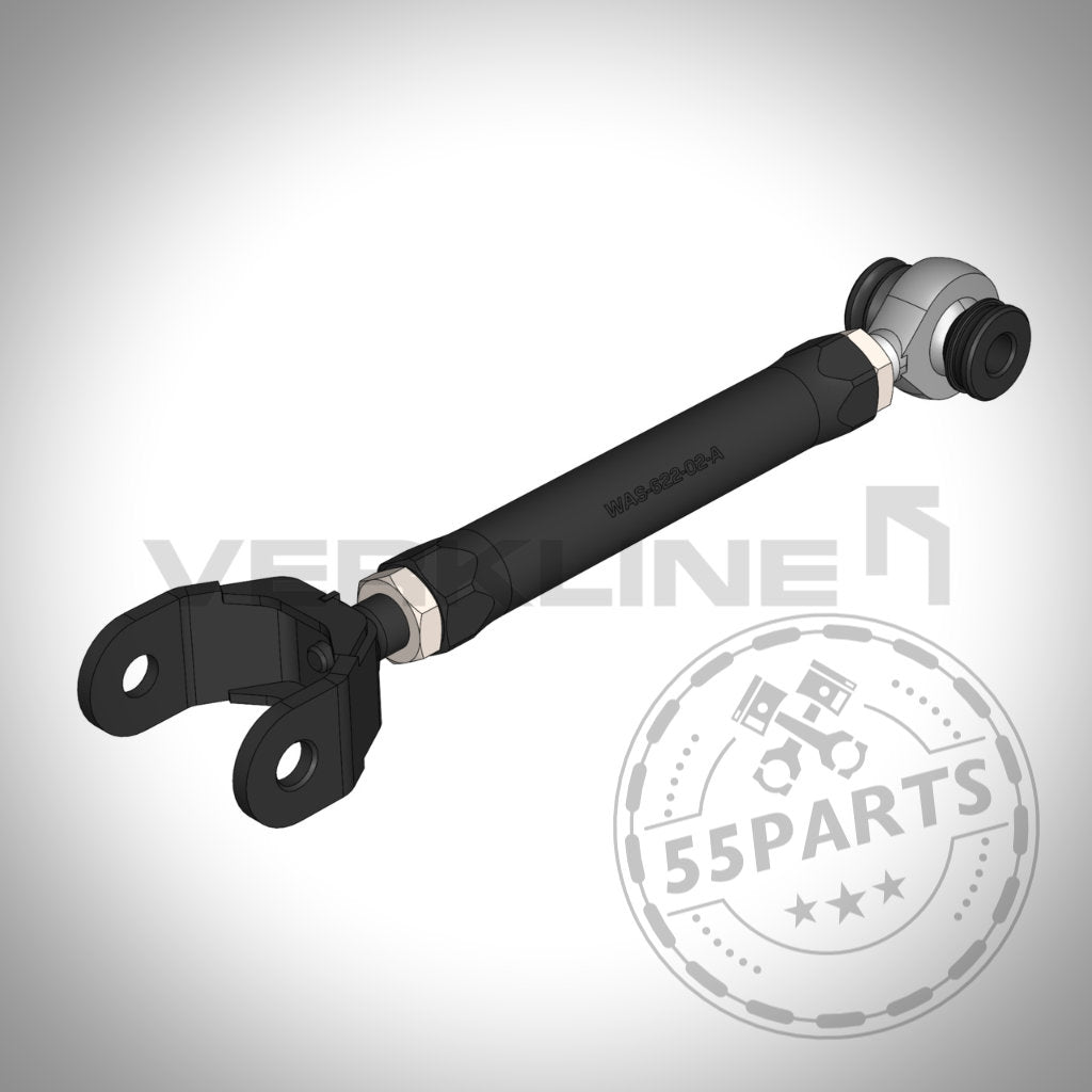 Digitale Illustration des VERKLINE Verstellbaren Uniball (Spur)Lenkers für Toyota Yaris GR, einer schwarzen verstellbaren Federstange mit Metallgelenken aus 7075 Aluminium – perfekt für die Leistung im Tuning-Shop.