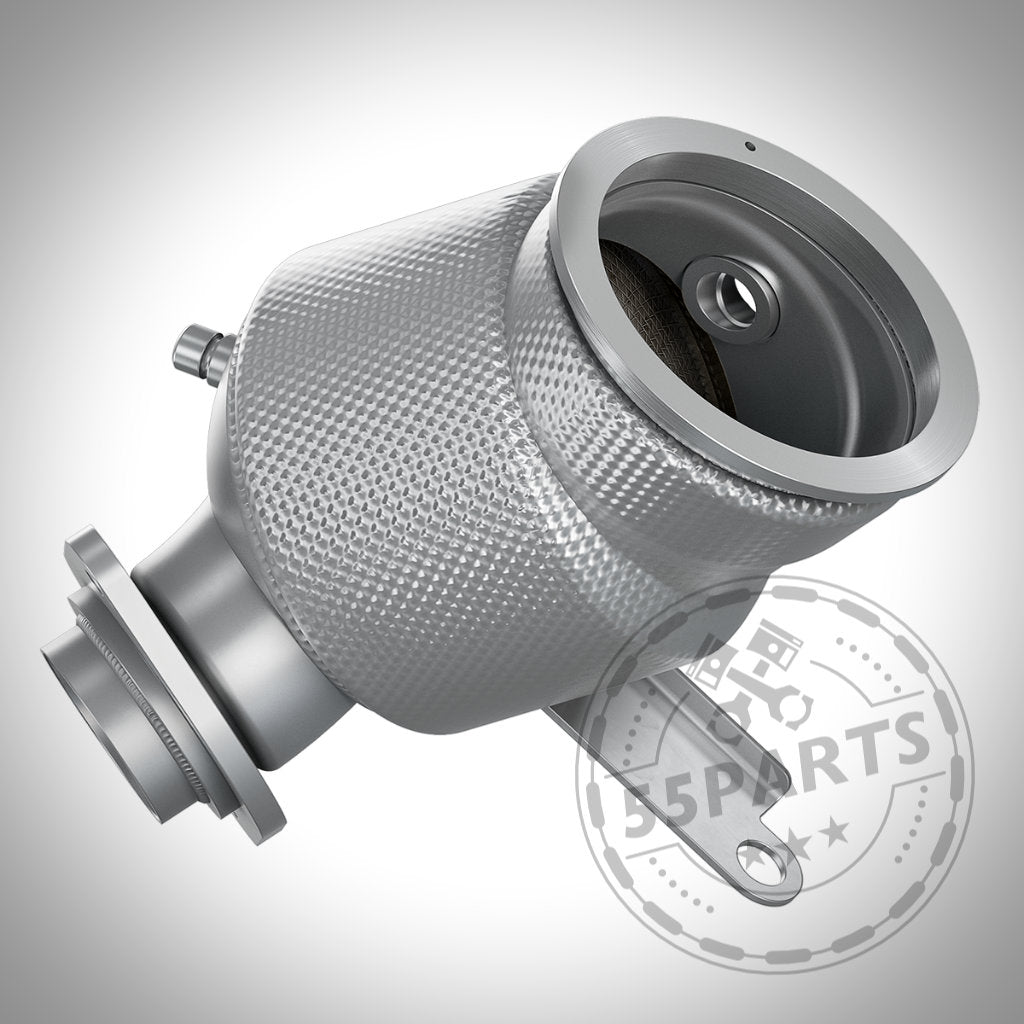 Die HJS ECE 300 Zeller Downpipe für den Toyota Yaris GR von HJS verfügt über eine silbermetallische Strukturoberfläche und ist für optimalen Abgasstrom ausgelegt. Schräg dargestellt auf einem leicht abgestuften Hintergrund.